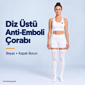 Beyaz diz üstü çift bacak anti emboli çorabı, model üzerinde temsili kapak görseli