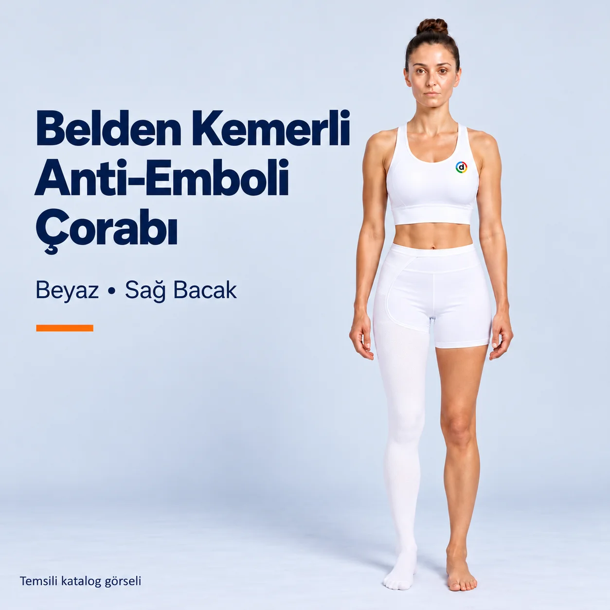 dampigo-anti-emboli-kemerli-sag-kapak Beyaz belden kemerli sağ bacak tekli anti emboli çorabı, model üzerinde temsili kapak görseli