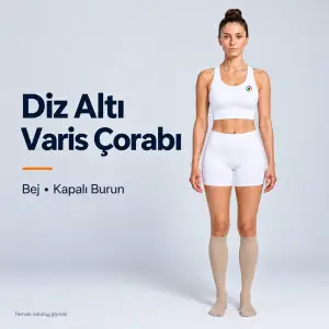 Bej kapalı burun diz altı varis çorabı, beyaz spor takımlı model üzerinde temsili katalog kapağı