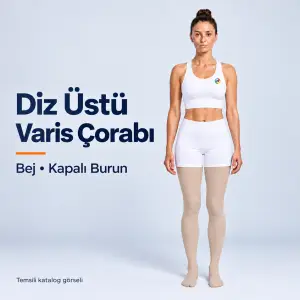 Bej kapalı burun diz üstü varis çorabı, beyaz spor takımlı model üzerinde temsili kapak görseli