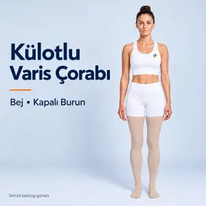 Bej kapalı burun külotlu varis çorabı, beyaz spor takımlı model üzerinde temsili kapak görseli