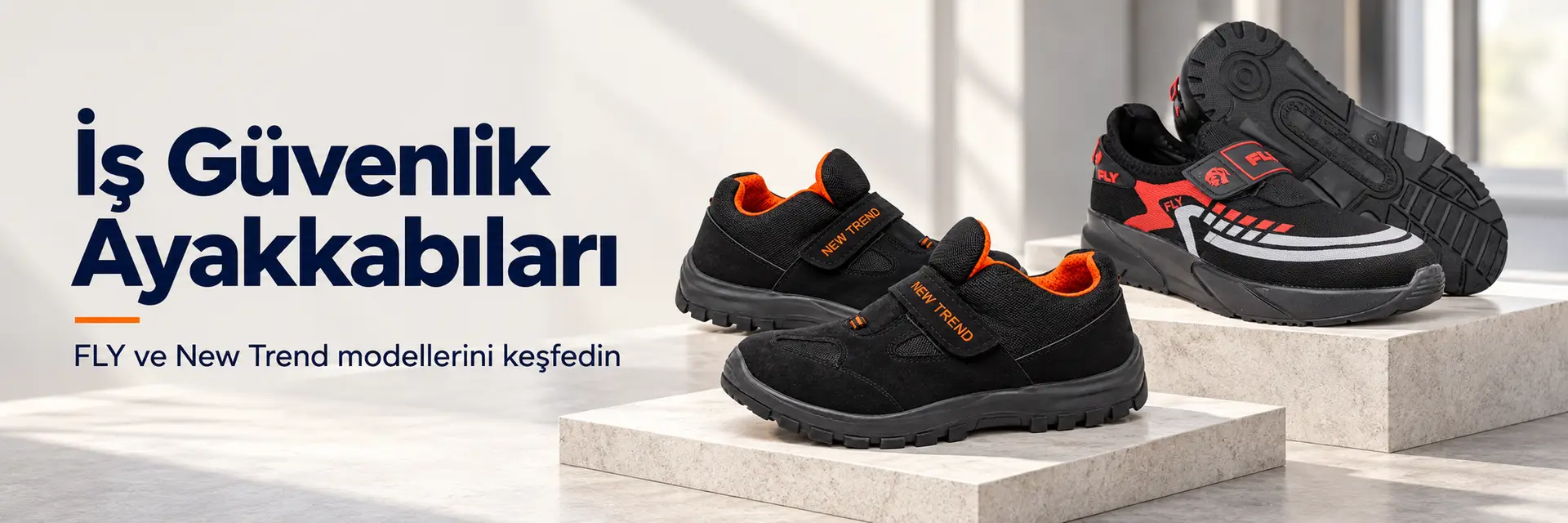 FLY ve New Trend iş güvenlik ayakkabıları, yatay kategori banneri.