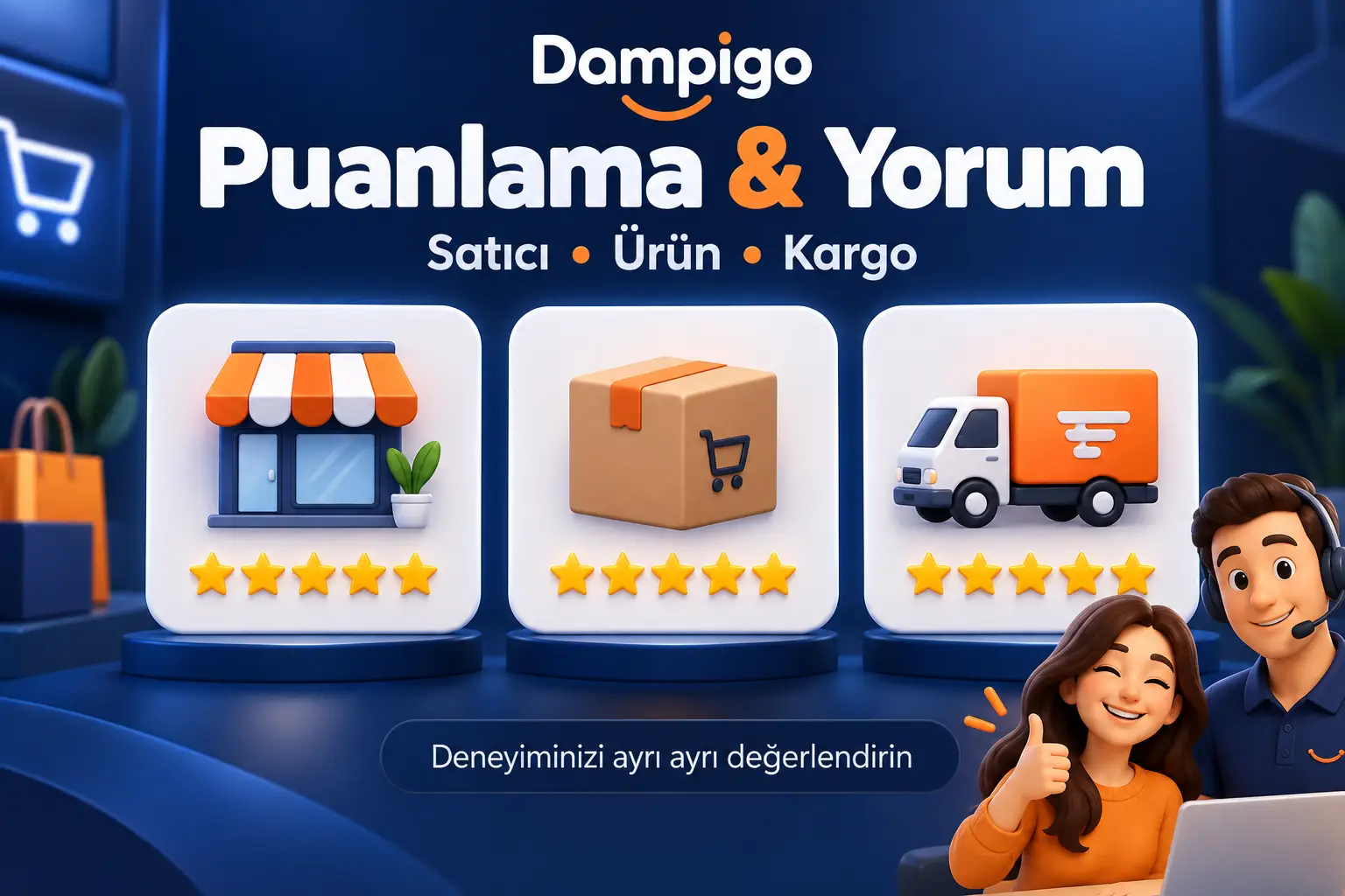 Dampigo Puanlama ve Yorum: satıcı, ürün ve kargo için ayrı beş yıldızlı değerlendirme